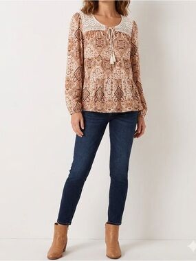 Absolutely Famous Crochet Yoke Peasant Tunic - Cream & Brown